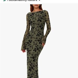 Olive Green Floral Long Sleeve Bodycon Maxi Dress